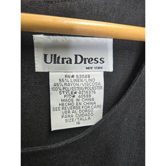 Ultra Dress Midi Linen Embroidered Flamingo's Black Dress Size 16" - Picture 2 of 4